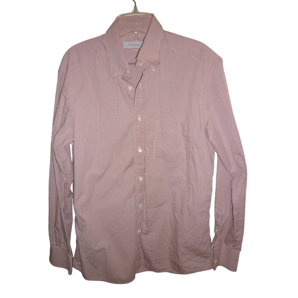 Ermenegildo Zegna Gingham Button Down Shirt Red White Classic Fit Mens‎ L